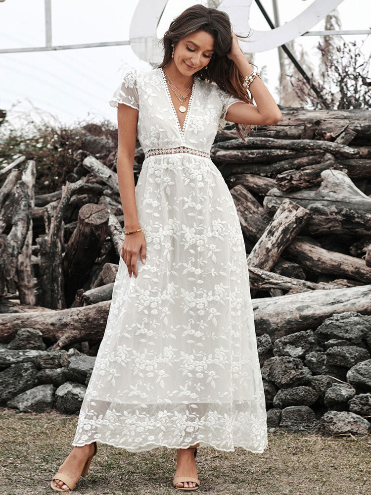 V-Neck Maxi Dress Short Sleeves Casual Floor Length Dress
