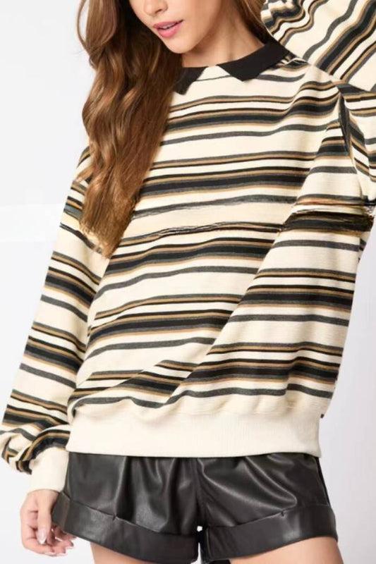 Sudadera informal holgada de manga larga con solapa a rayas