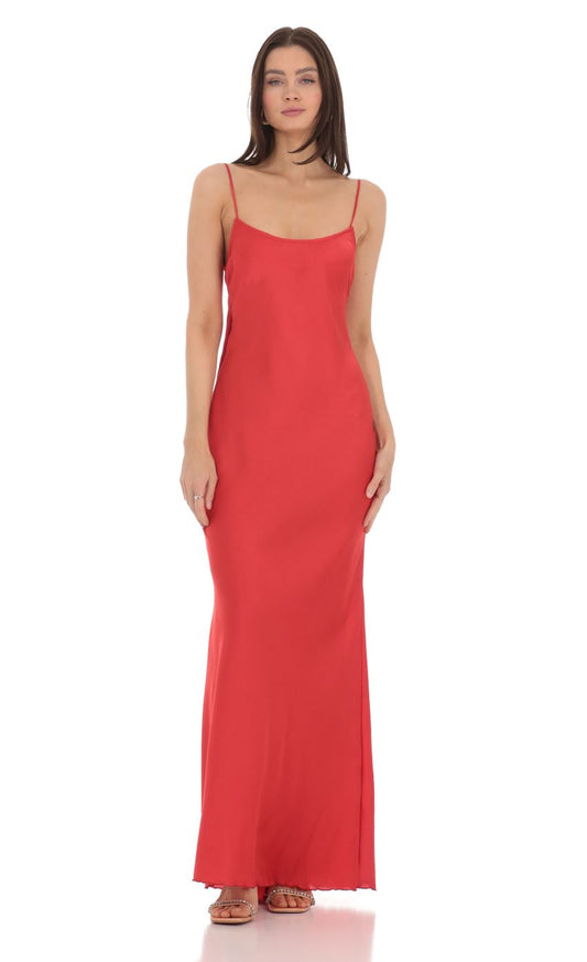 Back Bow Satin Dress in Red
