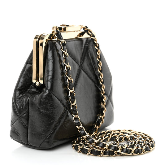 Shiny Aged Lambskin Quilted Kiss Lock Clutch With Chain Black