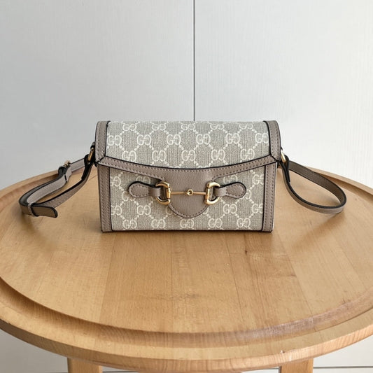 GUCCI HORSEBIT 1955 MINI BAG BEIGE AND WHITE GG SUPREME 18CM 699296 UULBG 9683