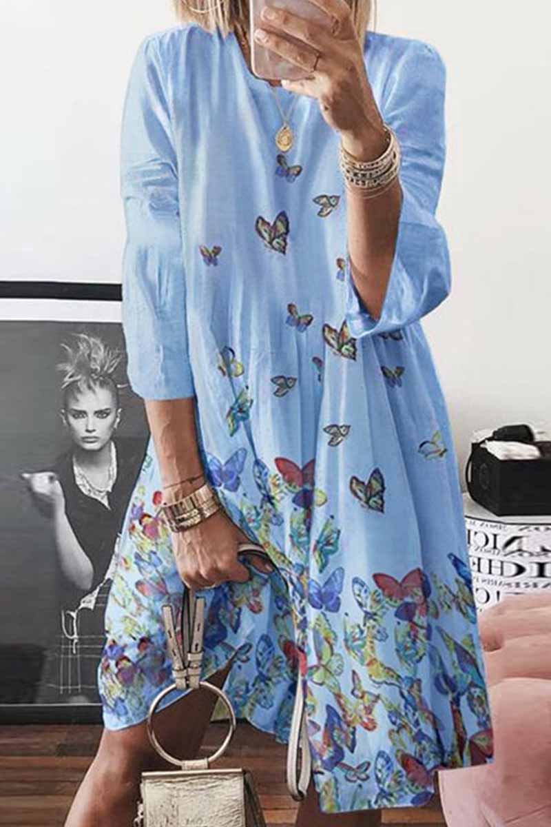 Vestido de lino estampado con cuello redondo