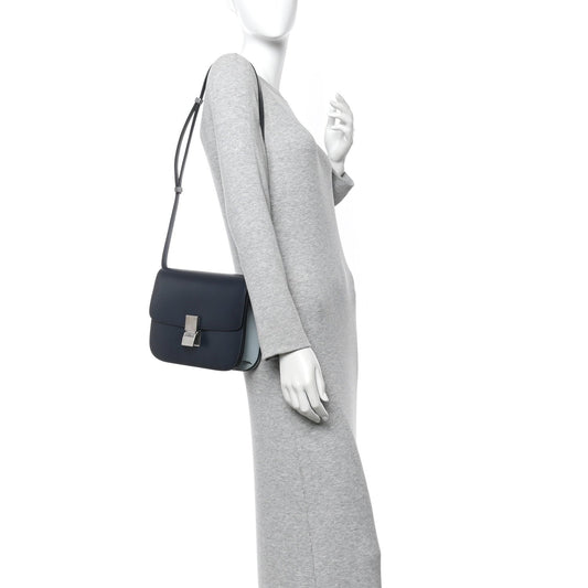 Box Calfskin Medium Classic Box Flap Bag Navy Light Blue