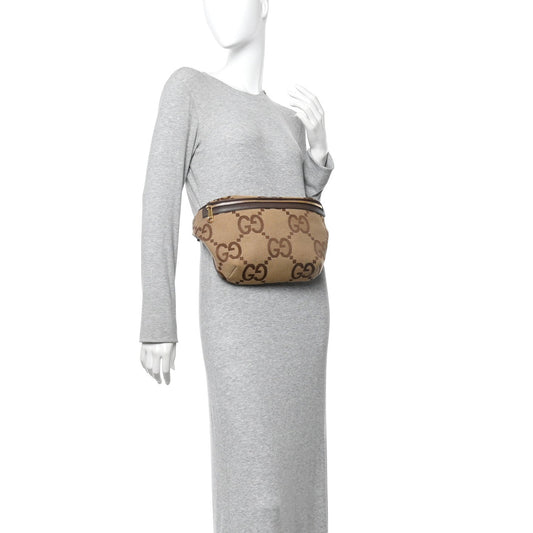 Monogram Jumbo GG Textured Dollar Calfskin Web Belt Bag Camel Ebony New Acero