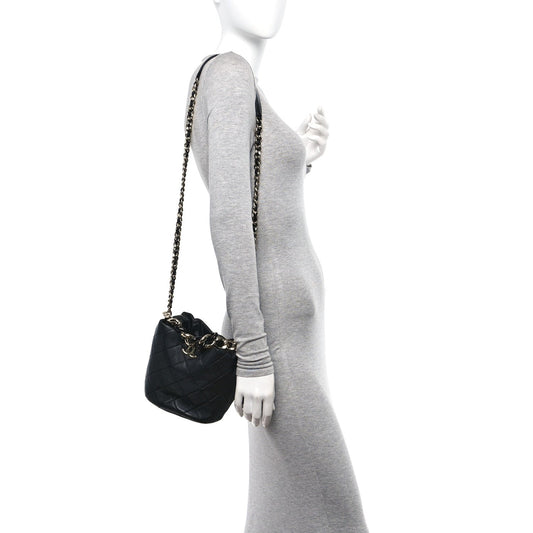 Lambskin Quilted Resin Bi-Color Chain Bucket Bag Black