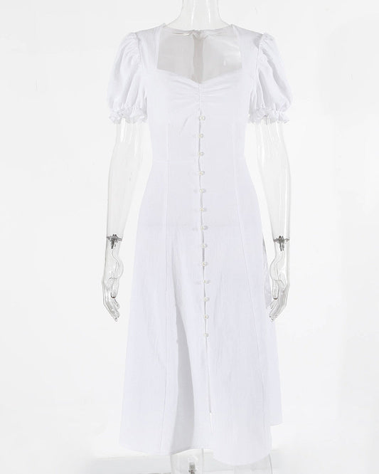 Solid Color Puff Sleeve Square Neck Dress