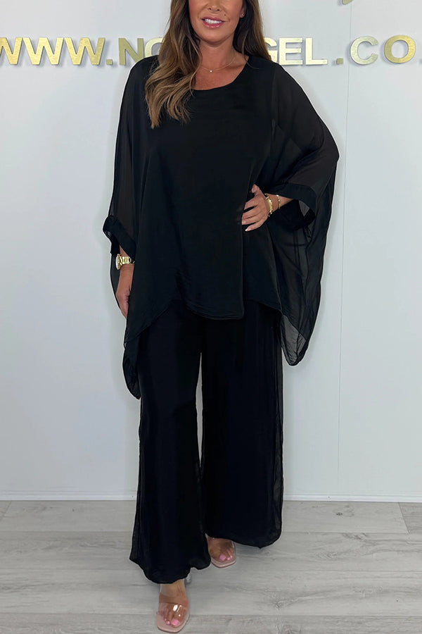 Conjunto de top holgado con cuello redondo y mangas murciélago de color liso y pantalones anchos con cintura elástica