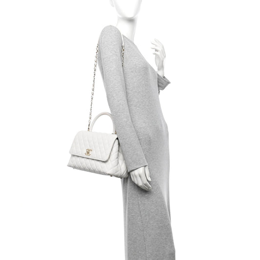 Caviar Quilted Small Coco Handle Flap White