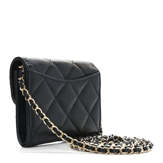 Caviar Quilted Flap Card Holder On Chain Black