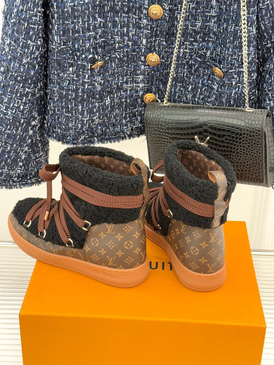LV Cloud Lace-Up Ankle Boot Sneaker Black- Brown Shearling Monogram Canvas 572467