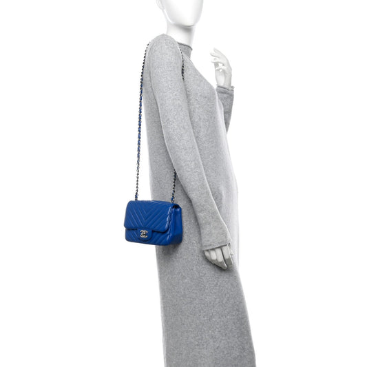 Caviar Chevron Quilted Mini Square Flap Blue
