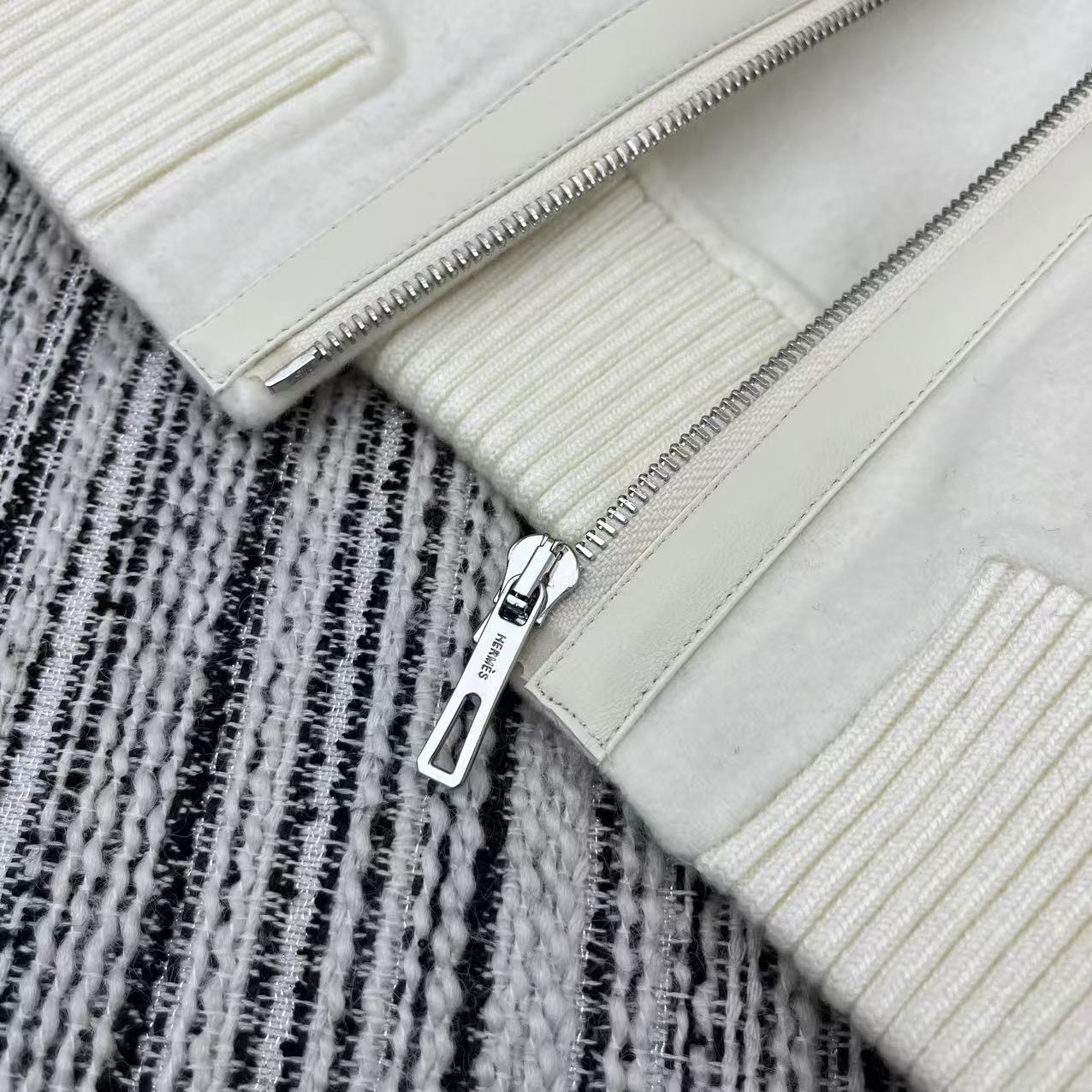 HM Patchwork Leather Lapel Double-faced White Cashmere Jacket