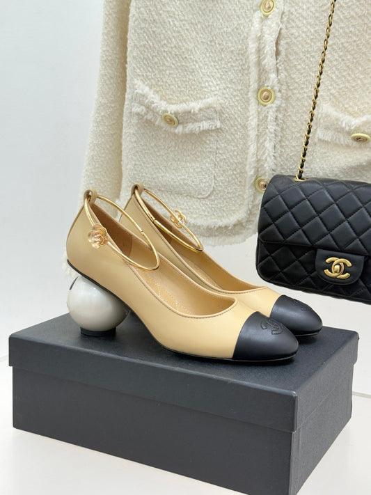 CC 26C Ribbon Camellia Mary Jane With Giant Pearl Black Beige Lambskin
