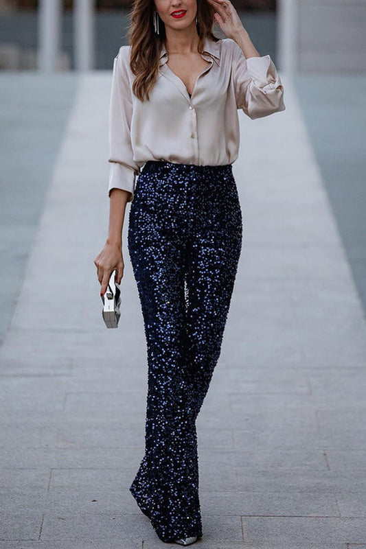 Pantalones acampanados de cintura elástica y tiro alto con lentejuelas de terciopelo Diva