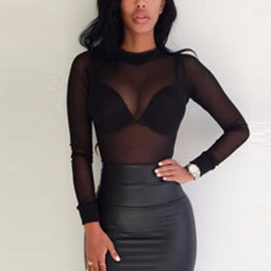 Camiseta de manga larga transparente, ajustada, ultrafina y sexy de malla para mujer