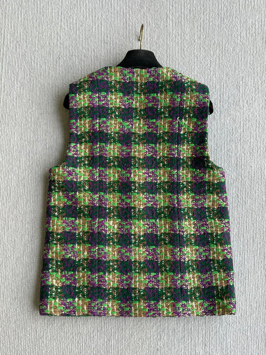 Chanel 2025 Plaid Tweed Vest Jacket Green Wool Polyester 325377