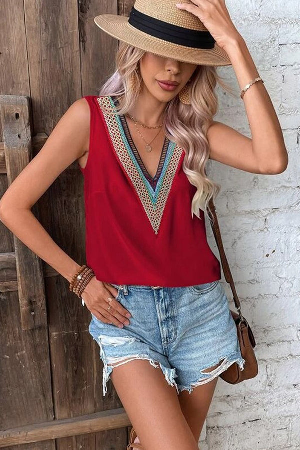 Camisa casual de color liso con cuello en V y encaje