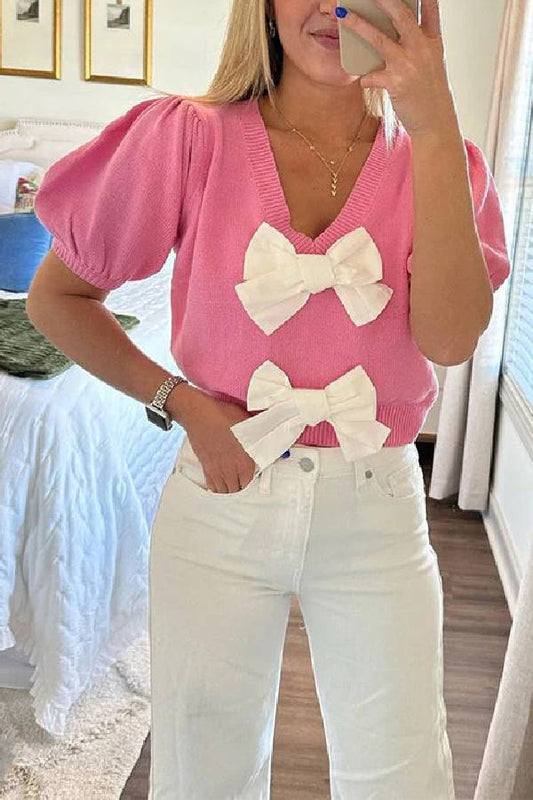 Top de punto con lazo, mangas cortas y cuello en V