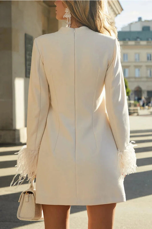 Vestido mini de corte en H con mangas largas y ribete de plumas para una cita inolvidable