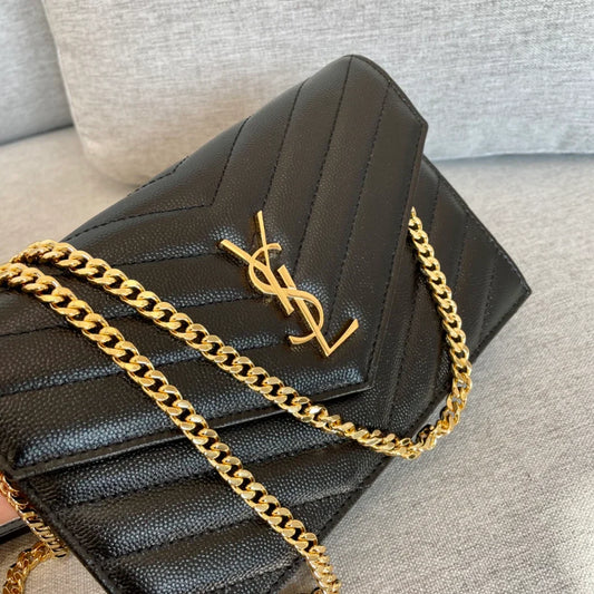YSL Cassandre Envelope Chain Wallet Black Grain Leather Golden Hardware 19 cm