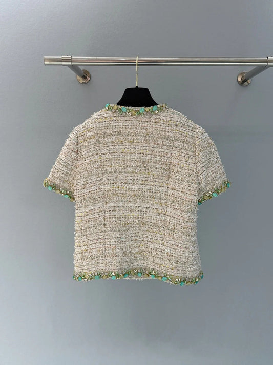Chanel 2026 Side-button Short-sleeved Jacket Beige Green Polyamide Cotton