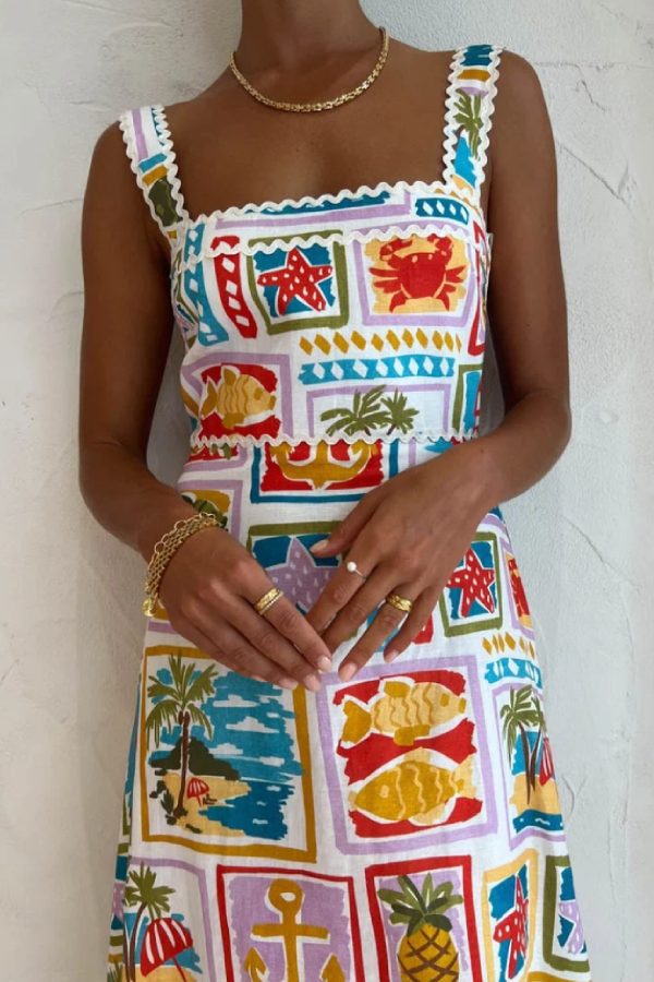 Vestido largo con tirantes y borde ondulado con impresión artística de pintura al óleo vintage