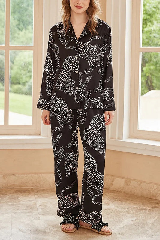 Conjunto de dos piezas de manga larga para casa con estampado de jaguar negro