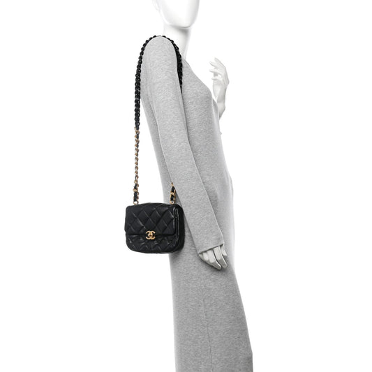 Lambskin Quilted Mini Lacquered Chain Flap Black
