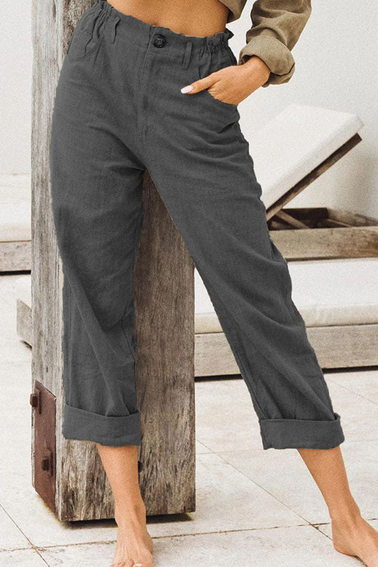 Pantalones de lino y algodón de color liso para mujer
