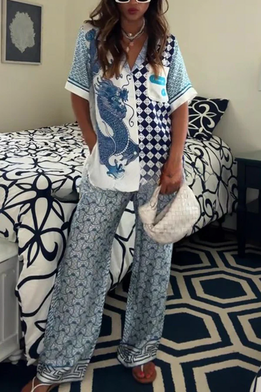 Conjunto de camisa holgada de manga corta con estampado de dragón único y pantalones con bolsillo en la cintura elástica