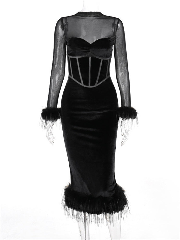 Tossy Fluffy See-Through Patchwork Long Dress For Women Elegant Mesh Long Sleeve Fashion High Waist Maxi Dress Female Gown 2024