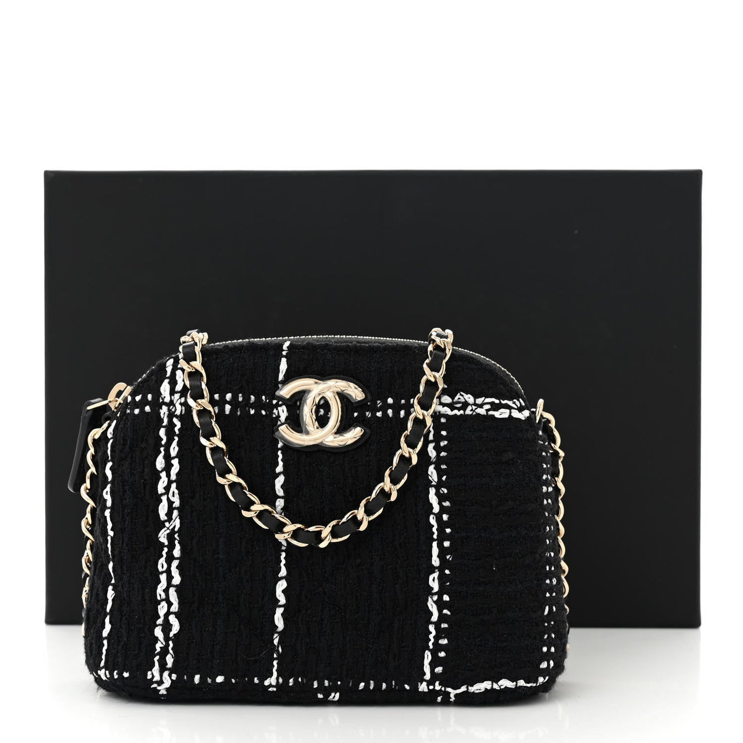 Tweed Quilted Mini Clutch With Chain Black White
