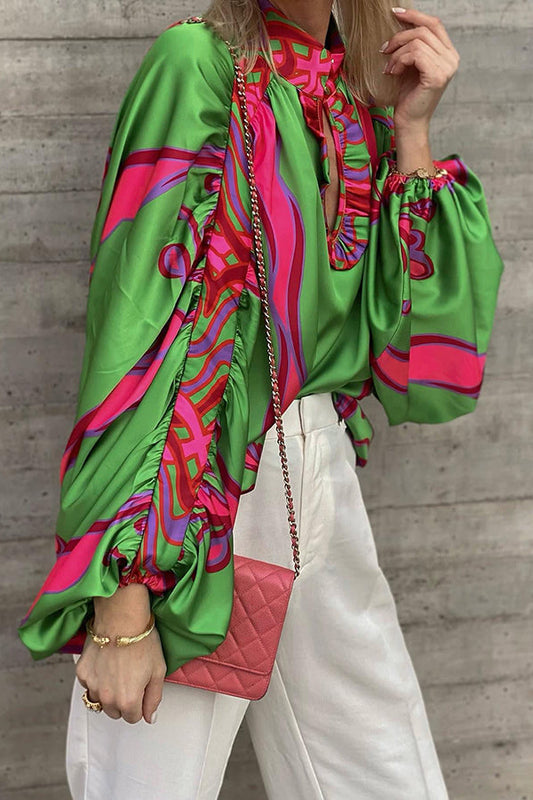 Blusa de satén con cuello recortado y mangas globo Zariah
