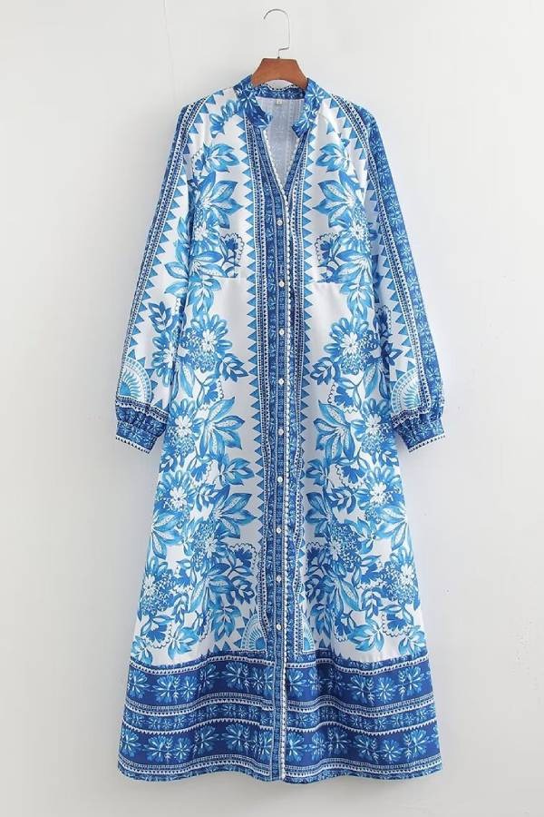 Vestido camisero largo de manga larga con botones y estampado único