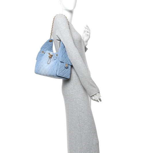 Washed Denim Quilted Small Chanel 25 Handbag Blue