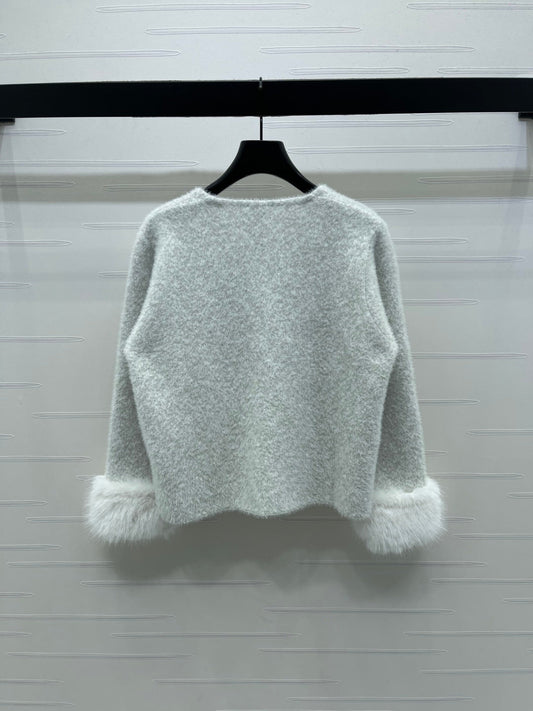 Chanel 2025 Fur-sleeved Crew Neck Cardigan Light Gray Polyester Wool 319594