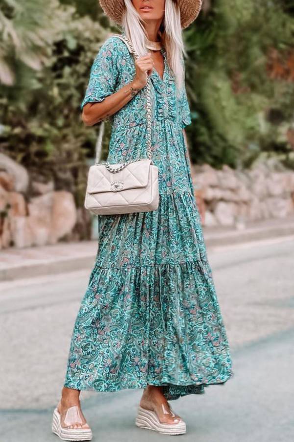 Vestido largo bohemio con cuello en V dividido y estampado paisley en azul cielo