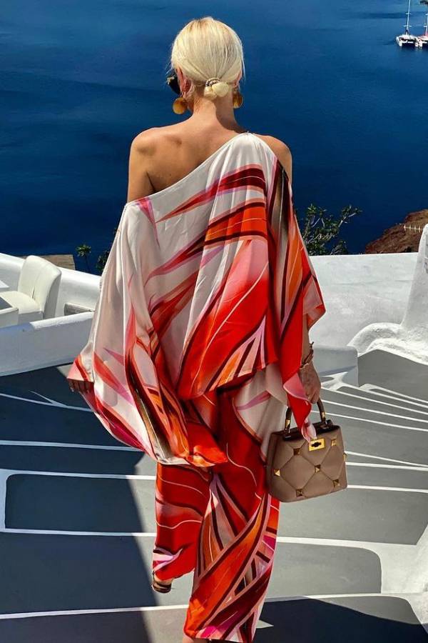 Conjunto de top de un hombro con mangas holgadas con abertura y pantalón con cintura elástica de satén estampado Island Girl