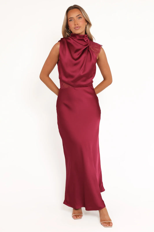 Anabelle Halter Neck Lace Maxi Dress - Berry