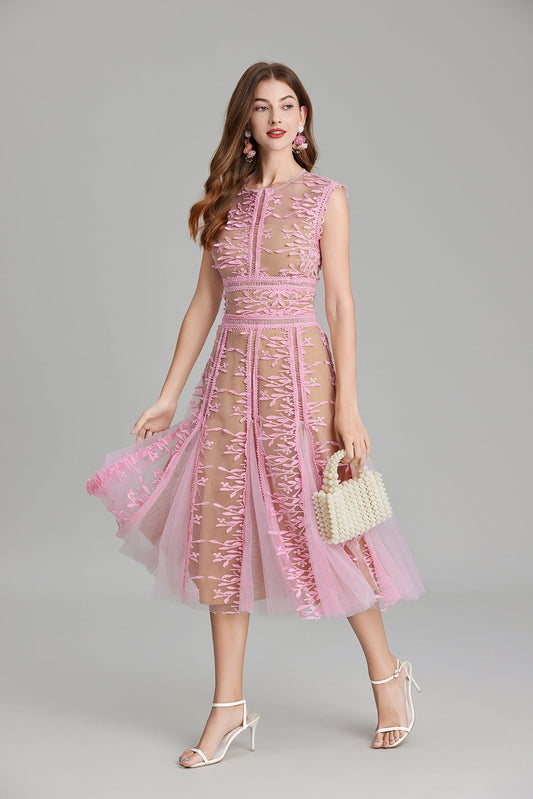 Maëlle Round Neck Mesh Embroidered Midi Dress In Beige