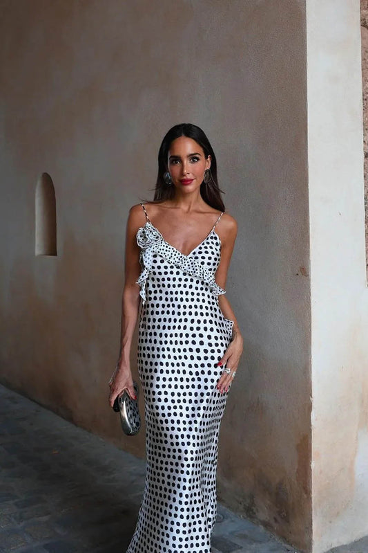 Fantasy Polka Dot Print Guipure Ruffled Suspender Maxi Dress