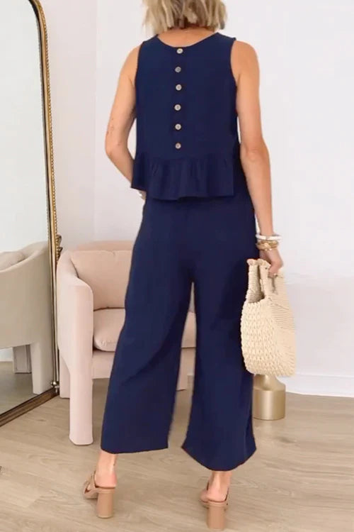 Conjunto de pantalón ancho con top con volantes sin mangas