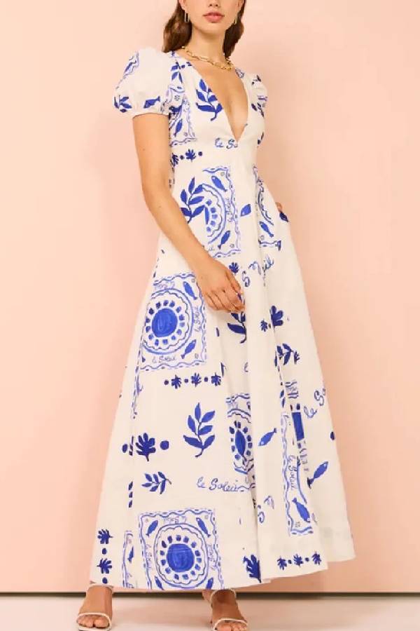 Vestido largo con bolsillos, mangas abullonadas y estampado único en mezcla de lino Embrace The Glamour