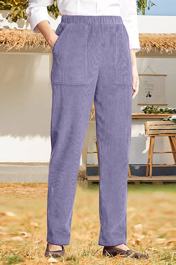 Pantalones casuales rectos a rayas con cintura elástica de color sólido
