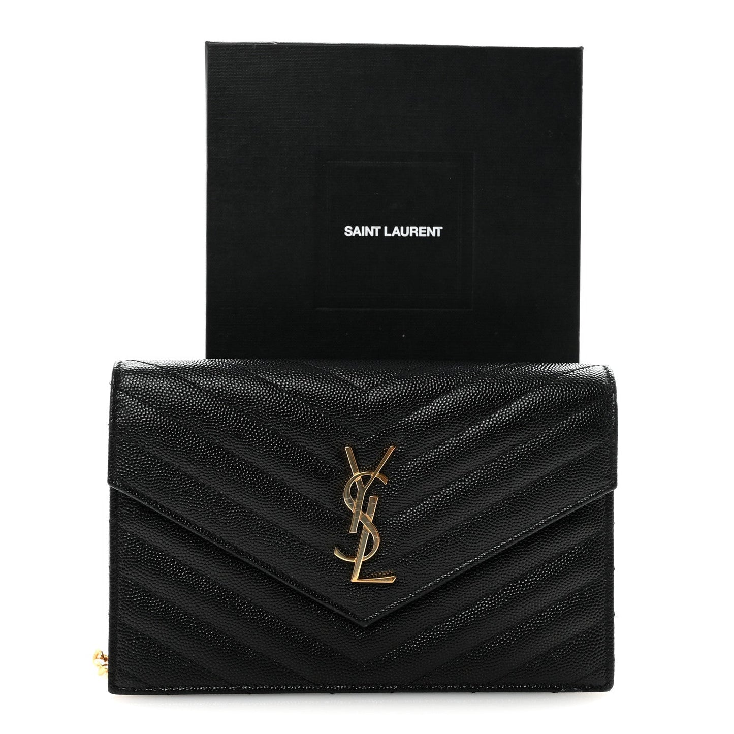 Grain De Poudre Matelasse Chevron Monogram Envelope Chain Wallet Black