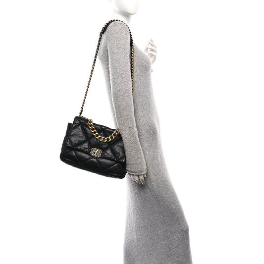 Shiny Goatskin Quilted Large Chanel 19 Flap Black