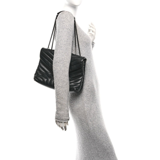 Calfskin Y Quilted Monogram Monochrome Medium Loulou Chain Satchel Black