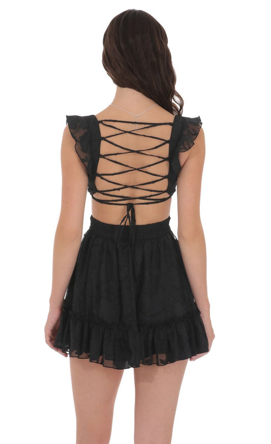Ruffle Floral Cutout Dress in Black