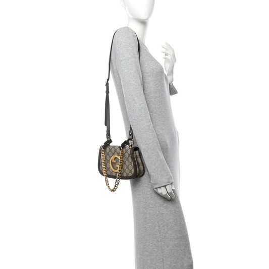 GG Supreme Monogram Textured Dollar Calfskin Mini Blondie Chain Shoulder Flap Bag Beige Ebony New Acero