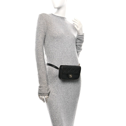 Caviar Quilted Studded Flap Waist Bag Black